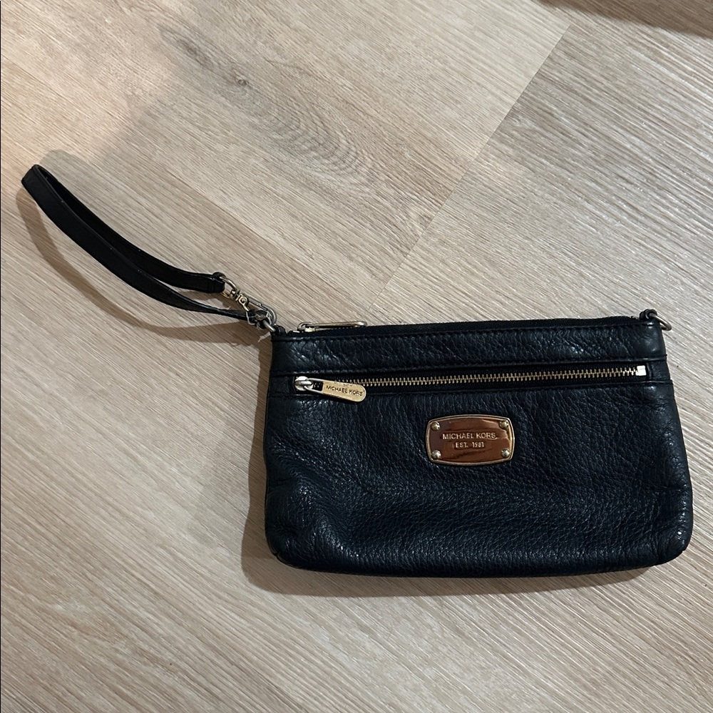 Michael Kors MK Black leather wristlet wallet with gold hardware purse